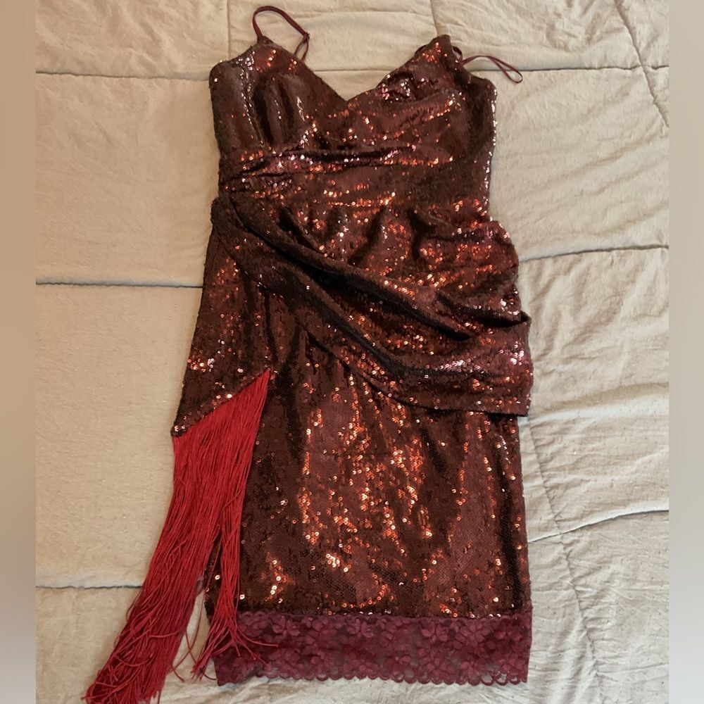 Dress the Population Red Sequined Fringe Lace Hem Cocktail Party Mini Dress Sz S